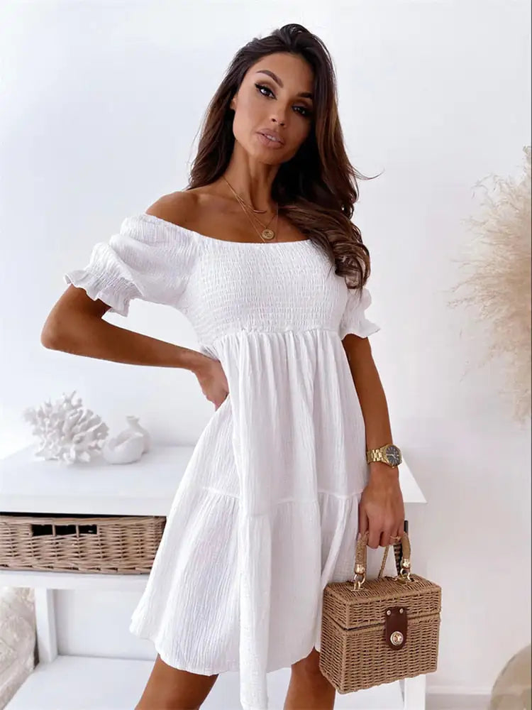 Off Shoulder Plain Short Dress