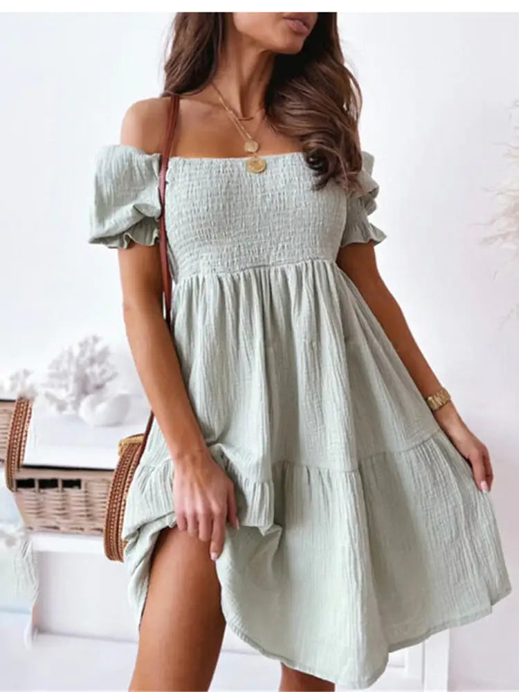 Off Shoulder Plain Short Dress